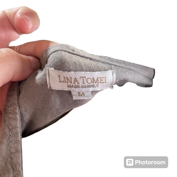 LINA TOMEI ~ Grey Linen Dress With Metallic Neckline Beading and Cotton Panels - Picture 4 of 10